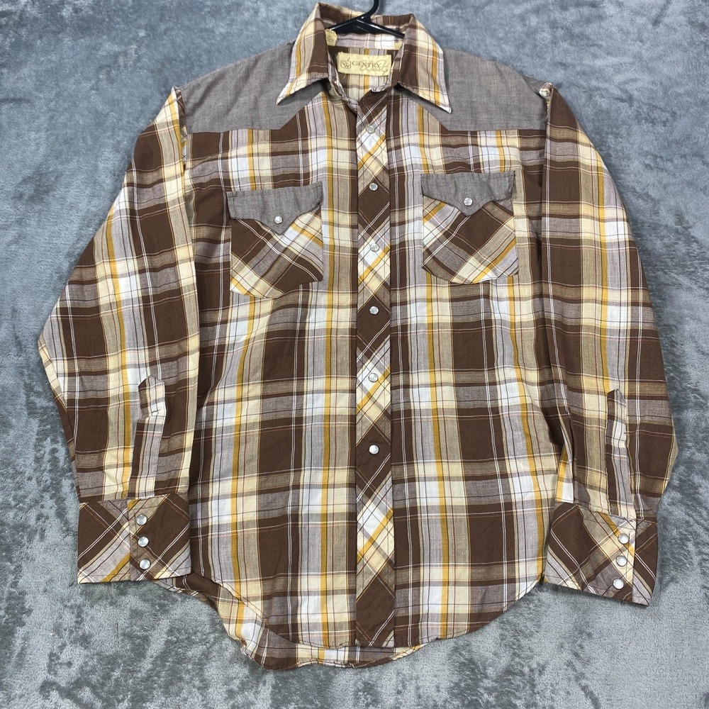 Vintage Western Shirt Medium Brown Plaid Pearl Snap 80s Long Sleeve Yoke *Flaw